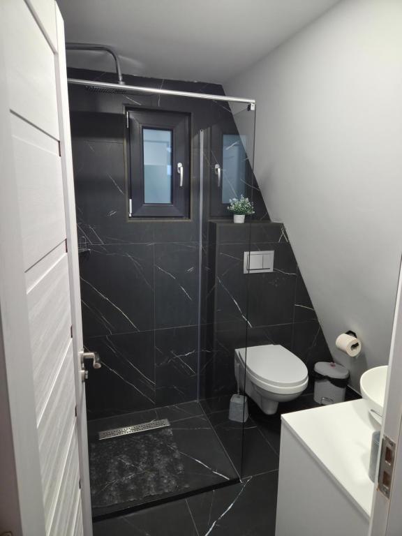 Baie modernă cu gresie neagră marmorată